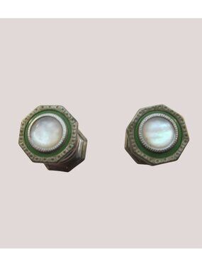 Vintage Octagonal Silver Tone Mother of Pearl Snap Link Cufflinks Double Sided